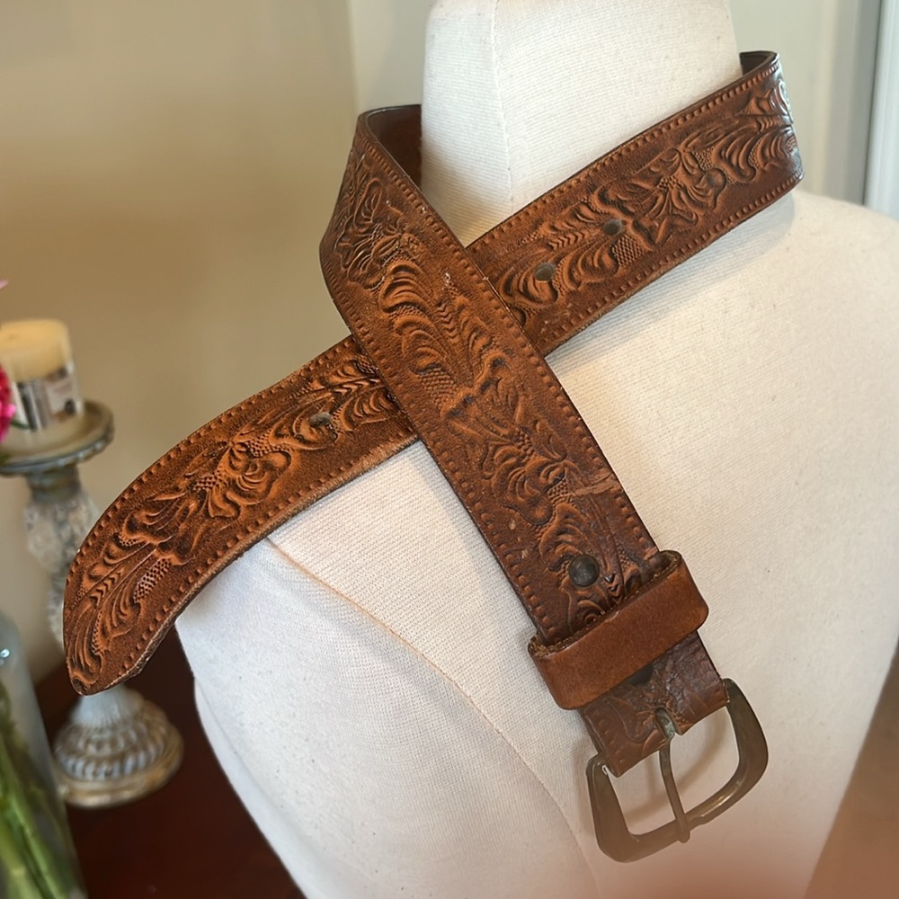 Vintage Brown Embossed Leather Belt